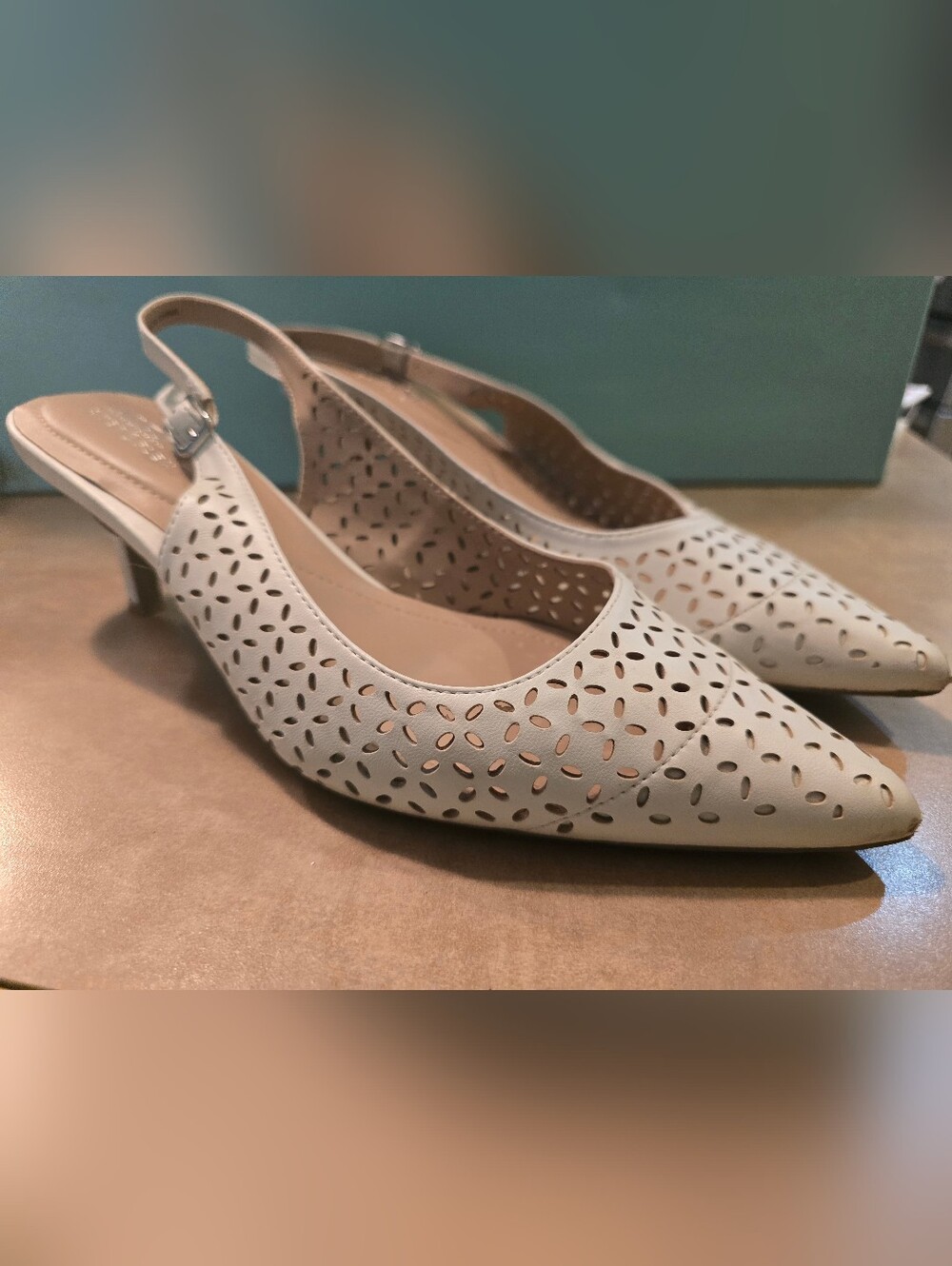 Womens White Laser-Cut Slingback Kitten Heel Pumps